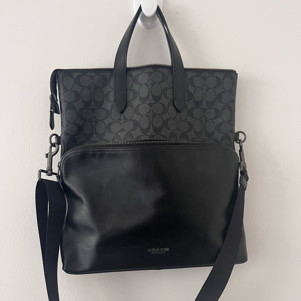 Coach Graham Foldover Tote Leather Gray & Black